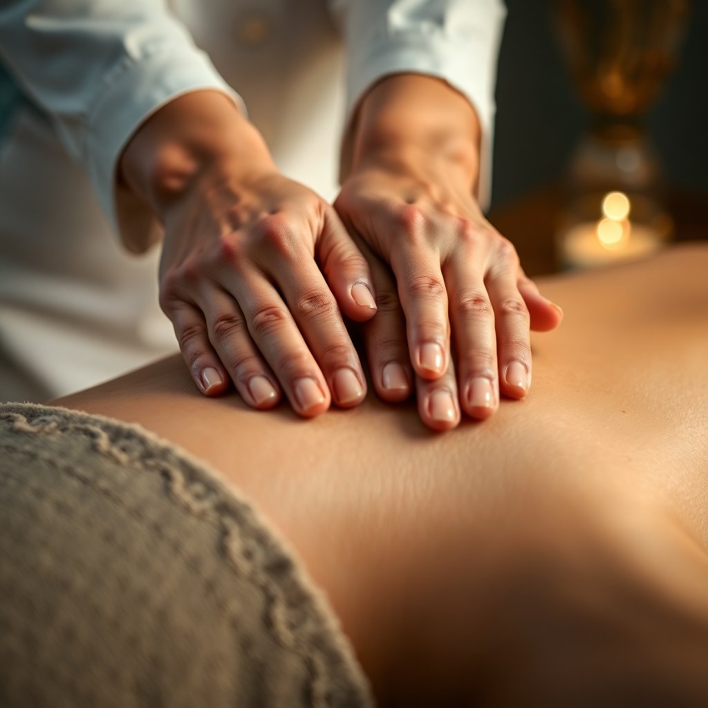 Close-up of professional massage therapist hands performing a gentle massage with oil, focused on relaxation and healing, soft focus background, natural skin tones, high quality photography, elegant atmosphere, warm lighting.